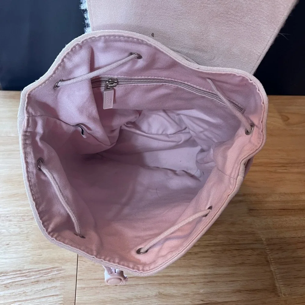 UGG Australia Pink Suede Shearling Fur Mini Backpack Drawstring Bag